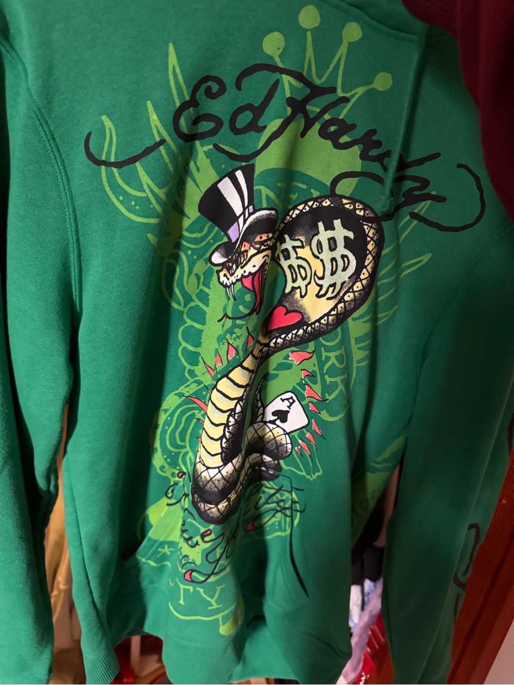Ed Hardy Green Hoodie with Stylized Snake Graphic